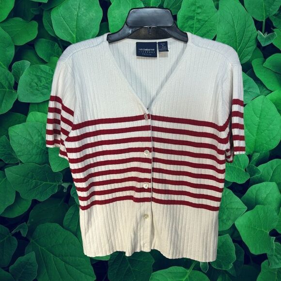 Liz Claiborne White and Red Striped Cardigan - Picture 1 of 4